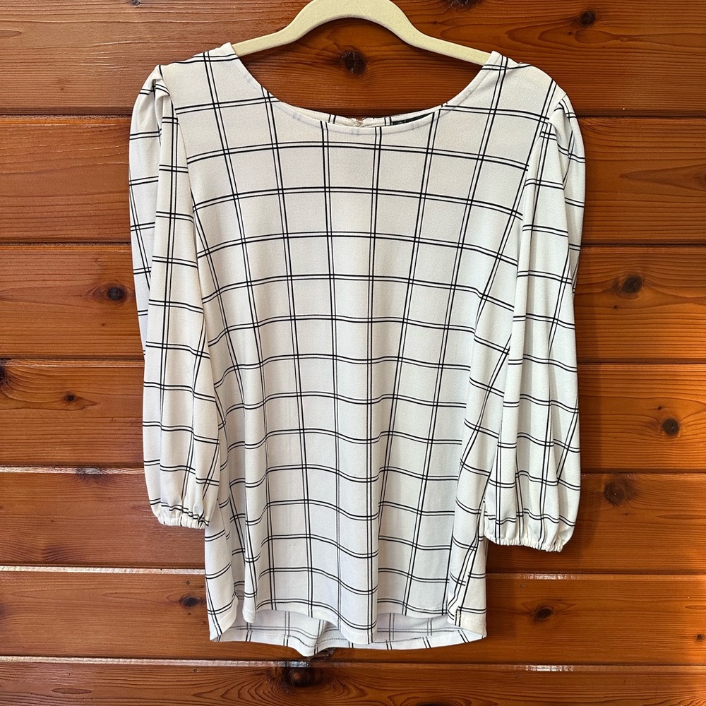 Adrianna Papell White and Black Grid Blouse